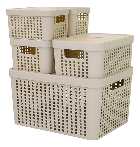Kit 5 Caixas Organizadoras 2l 4,5l 17l Com Tampa Multiuso Cor Bege