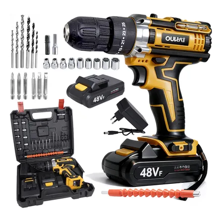Parafusadeira Furadeira 48v Profissional 2 Baterias Sem Fio Amarelo