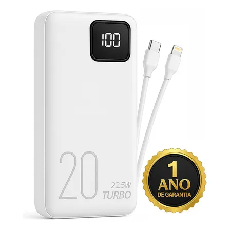 Carregador Portátil Power Bank Turbo 20000mah Universal Para iPhone Samsung Motorola Xiaomi 20w Com Display Digital Cor Branco Dtimp