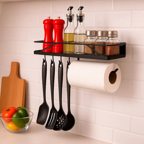 Porta-Temperos de Parede em Aço Preto com Suporte para Talheres e Papel-Toalha