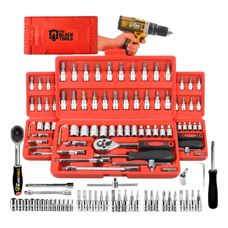 Jogo De Soquete Aço Crv 1/4 Catraca Chave Allen Kit Ferramentas C/ Maleta 46 Peças Fenda Philips Tks46 The Black Tools Vermelho