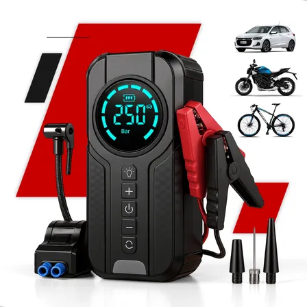 Auxiliar Partida Bateria Compressor Ar Emergência Portátil,auxiliar De Partida Bateria Veicular Com Compressor De Ar, Floots Portátil Compressor Ar 10000mah Veicular