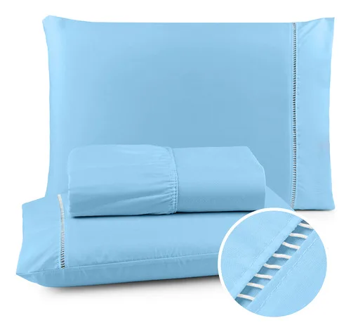 Jogo De Lençol Queen 3 Peças 400 Fios C/ Elástico Hotel Azul-claro Liso