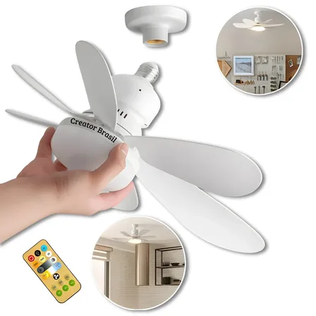 Lâmpada Ventilador De Teto E27 6 Hélices Controle Remoto Luz Branca Led Silencioso Econômica Creator Brasil