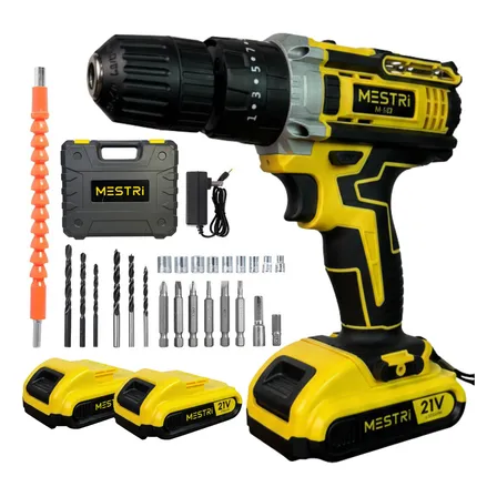 Parafusadeira Furadeira Impacto Sem Fio 21v 2 Bateria 2.000mah Bivolt Kit Chave Completo Com Maleta Brocas Chaves Mestri M-150