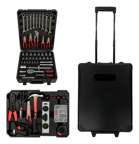 Maleta De Ferramentas C/ Rodas Alça 187 Peças Chaves Catraca Preto