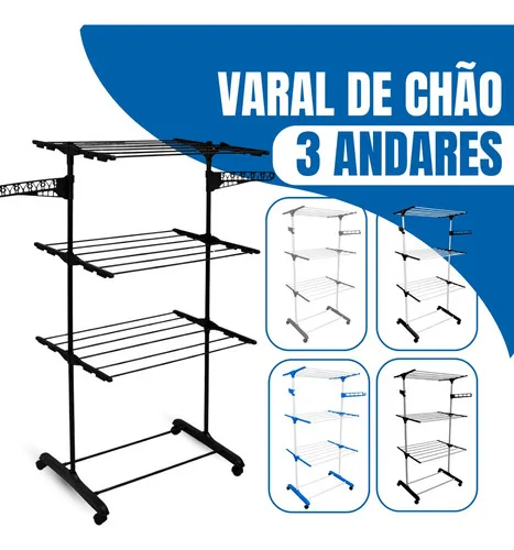 Varal De Chão Varal De Roupas 3 Andares Dobrável Grande C/ 4 Rodas Cor Preto/preto