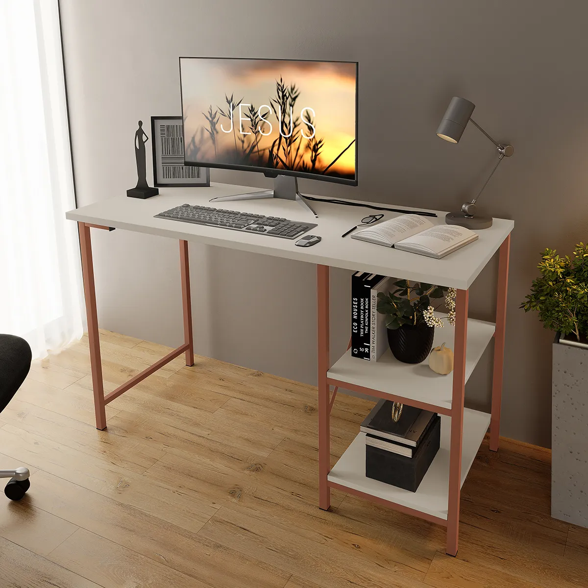 Mesa Escrivaninha Office Estudo Estilo Industrial Klm Store. Cor Cobre - Off White