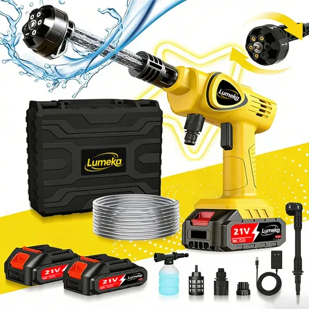 Lavadora Alta Pressao A Bateria Lumeka Xcq-011 Lavadora De Carro 6 Em 1 Lava Jato Portatil 6 Em 1 Lavadora Alta Pressao A Bateria 6 Em 1 Lava Jato Profissional Lava Jato Alta Pressao Amarelo 127/220v
