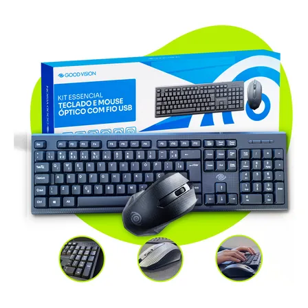Kit Teclado E Mouse Óptico Básico e Barato Com Fio Usb Abnt2 Para Trabalho PC Notebook Escritório Office Goodvision Cor Preto