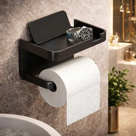 Suporte Papel Higiênico Adesivo De Parede Com Prateleira Porta Celular Sem Furo Ligeiro Preto