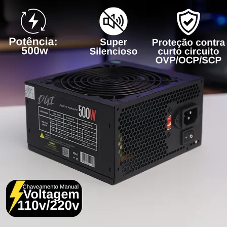 Fonte Alimentação Atx 500w 120mm Pc Computador Cooler 12cm Gamer Office Ultra Silencioso Digital Informatica Preto