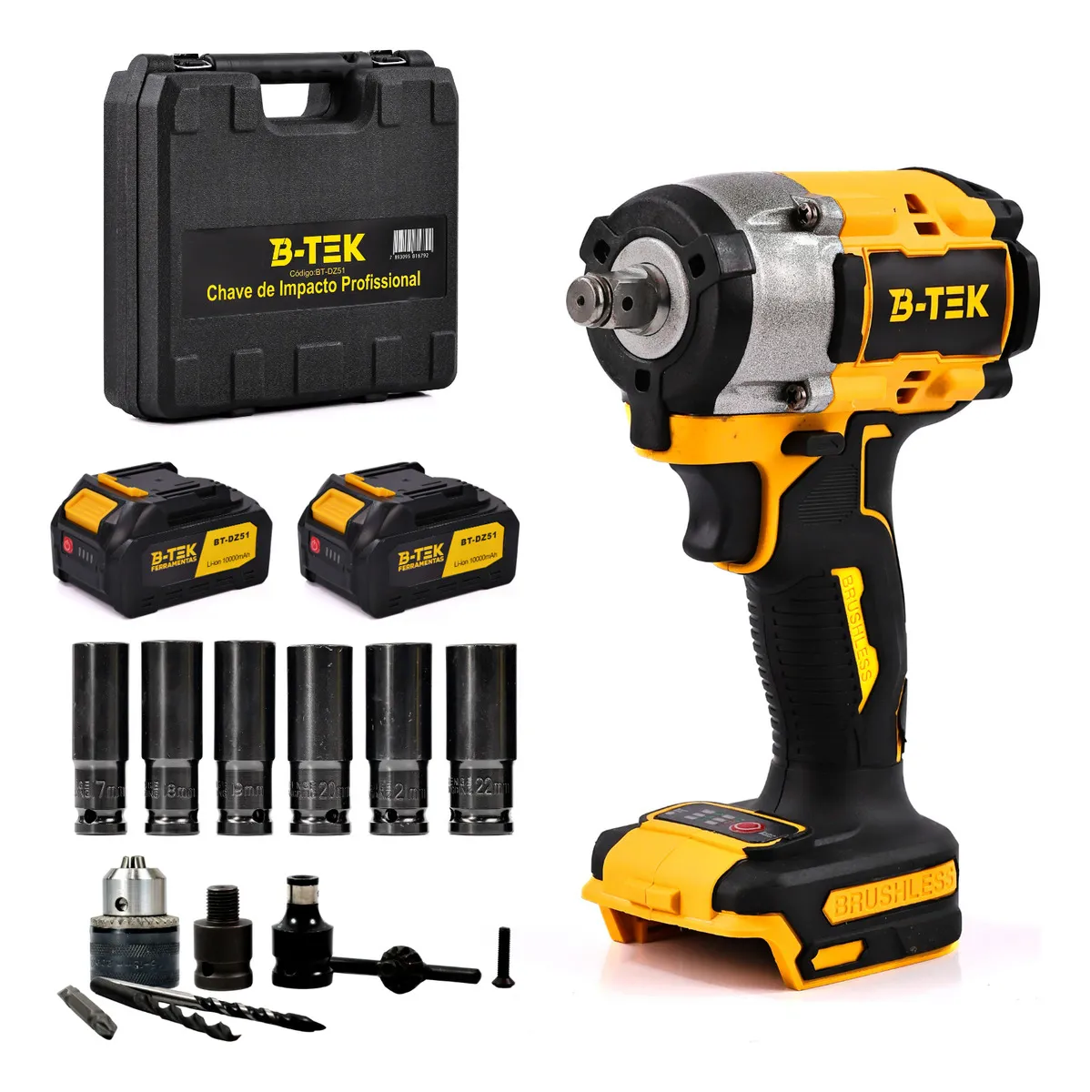 Chave Impacto Bateria Profissional 48v 10000mah 520n.m 1/2 Motor Brushless Maleta E Acessórios 110/220v Com Led 520nm Pneumática Furadeira Parafusadeira Impacto Oficina Potente Forte B-Tek