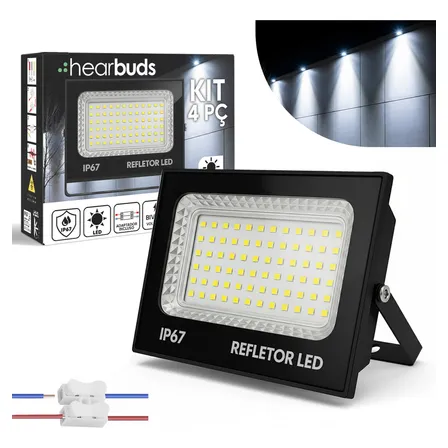 Kit 4 Refletores Holofote Super Led 400w Prova D’água Ip67 Bivolt Branco Frio 6500k Carcaça Preta 127/220v Preto