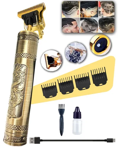 Máquina De Cortar Cabelo E Aparador De Barba Dr. Hank Dragão Dourado Lâmina T Profissional Sem Fio Recarregável Usb, 4 Pentes 1 Ao 4 Mm Motor Potente