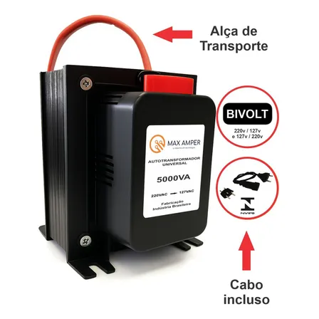 Transformador 5000va 110-220 Ou 220-110 Conversor Bivolt 12000 Btus C/ N F Geladeira Ar Condicionado Impressoras Brother Microondas Máquina Costura Lavar Roupas Preto