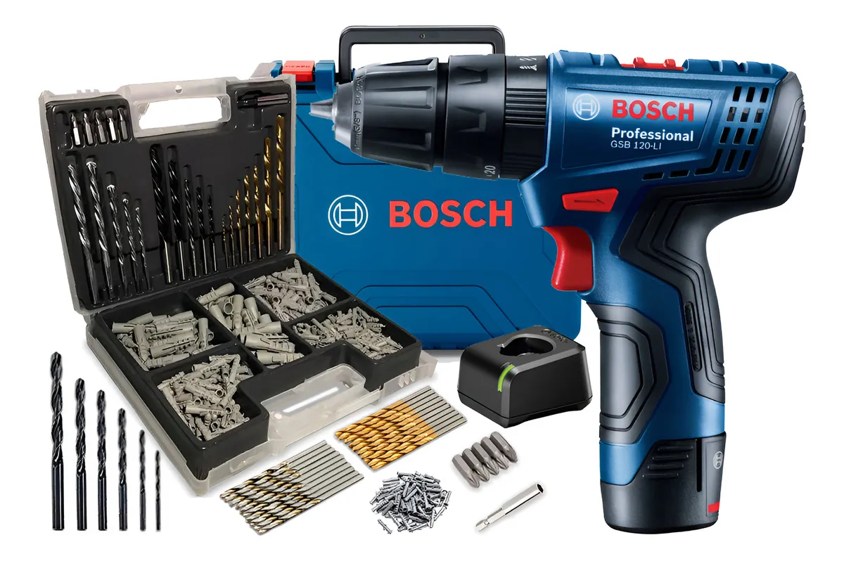 Parafusadeira Furadeira Bosch 12v Gsb120li + Kit 300 Peças - Azul - 60hz