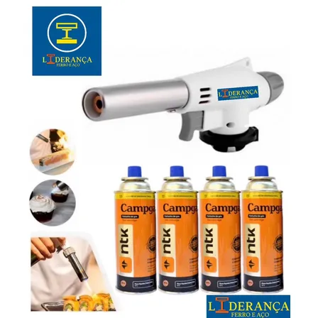 Maçarico Profissional Universal Multiuso Gourmet Portátil Com Regulagem De Chamas Kit Completo Com 4 Refil Para Chef De Cozinha Confeiteiro Flambar Solda Marca - Liderança Ferro E Aço