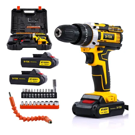 Parafusadeira Furadeira De Impacto Sem Fio 2 Baterias 21v 7500mAh 35nm Portátil Profissional Com Maleta e Acessórios 110/220v 50/60hz Amarelo Kit De Ponteiras Soquetes Drywall B-tek Ferramentas