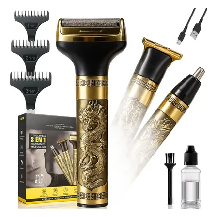 Maquina Maquininha Dragão 3 Em 1 Cortar Cabelo Fazer Barba E Aparar Pelo Do Nariz Recarregável Usb Tipo C Silenciosa Masculina Portátil Profissional Motor Potente Com Pentes E Design Exclusivo