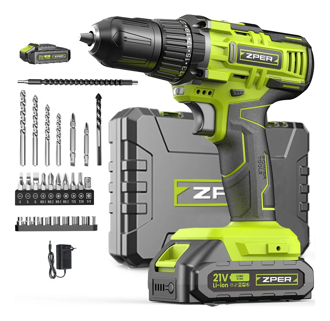 Furadeira Parafusadeira Zper 21v Sem Fio 35nm 2 Baterias 2000mah Com Impacto Verde-limão 127/220v 50 Hz/60 Hz
