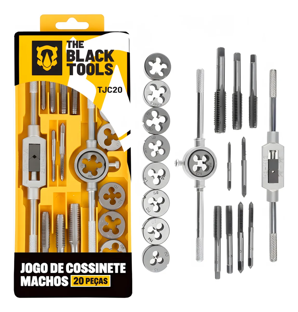 Jogo De Tarrachas E Cossinetes Abre Rosca Macho Fêmea Completo 20 Peças M3 A M12 Aço Profissional Tjc20 The Black Tools