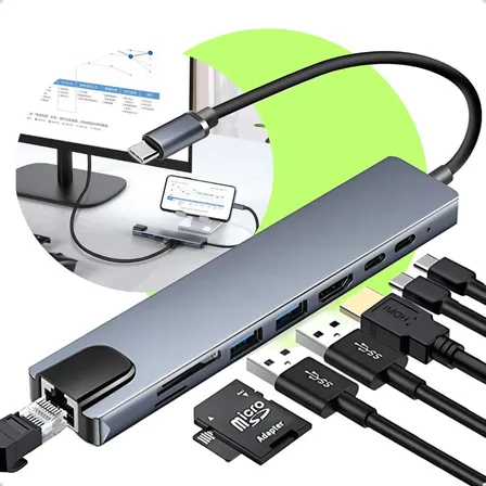 Hub Adaptador 8x1 Usb Hdmi Type C Rj45 Sd Notebook Mac 4k Thunderbolt Kateluo