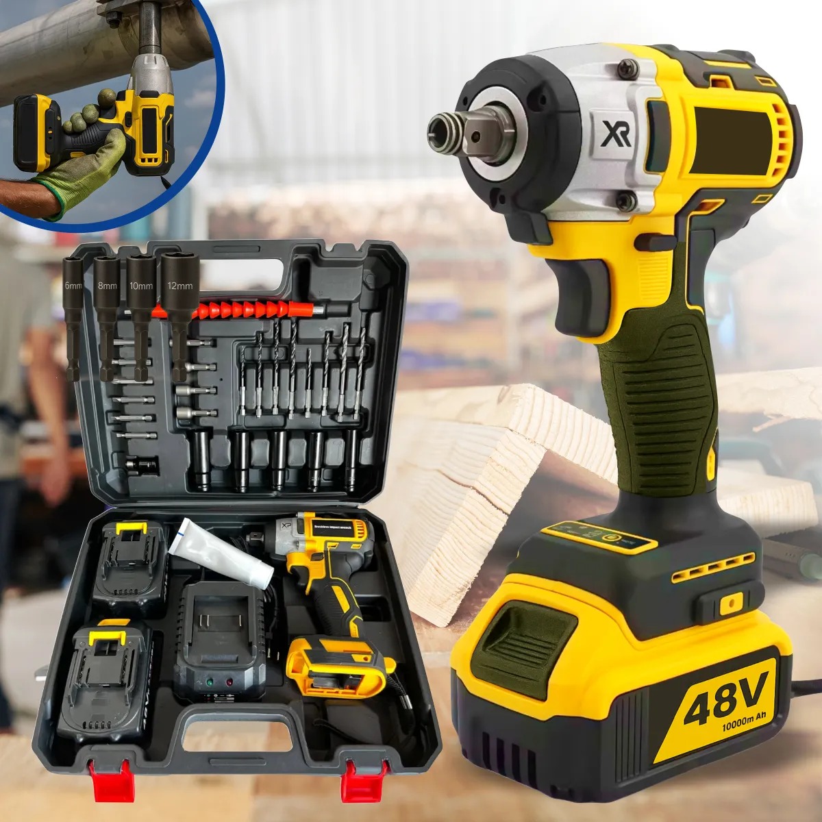 Chave De Impacto E Furadeira Elétrica Sem Fio Recarregável Com 2 Baterias, Soquetes E Maleta Profissional Amarelo 48v