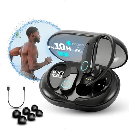 Fone Bluetooth 5.3 Tws Sem Fio Esportivo Compatível Com iPhone Samsung Xiaomi Motorola Com Gancho Premium Altomex Scorpion Xt80 Preto