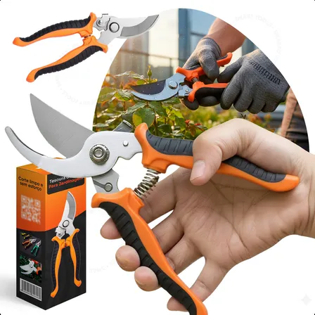 Alicate Tesoura Poda Profissional Aço Inox Corte Galhos Duros Jardim Frutíferas Cabo Confortável Ergonômico Resistente - Marca: Smart Tools® Preto E Laranja