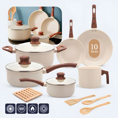 Jogo De Panelas Induçao Antiaderente Cerâmica 10 Peças Ppg Pfoa Free Baunilha