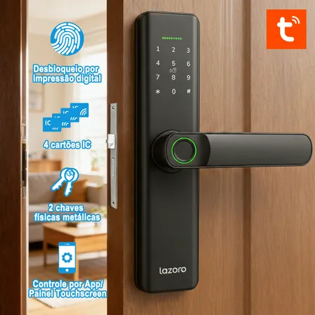 Fechadura Eletronica Digital Com Biometria, Senha, Cartão Ic E Tuya App Bluetooth Lazoro Preto