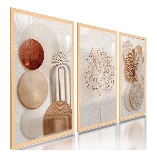Quadros Decorativos Abstratos Geométricos Boho Neutro 122x60 Cor Carvalho Armação Infinita