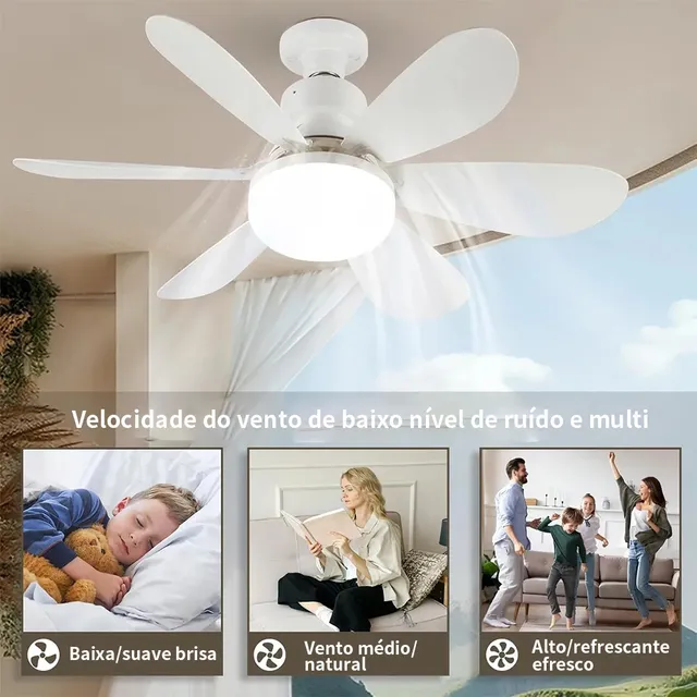 Lâmpada Ventilador De Teto E27 6 Hélices Controle Remoto Luz Branca Led Silencioso Econômica 60w Lâmpada De Luz Fria E Quente 127/220v Branco