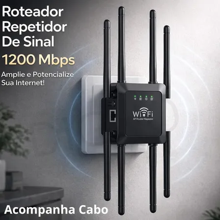 Repetidor De Sinal Roteador Wi-fi 8 Antenas Wireless 1200mbps Digno 2.4ghz E 5ghz Amplificador Extensor Longo Alcance E Alta Performance Preto/branco