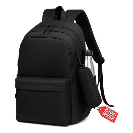 Mochila Feminina Escolar Reforçada Grande Impermeável Notebook Resistente Masculina Trabalho Faculdade Com Estojo Cor Preto