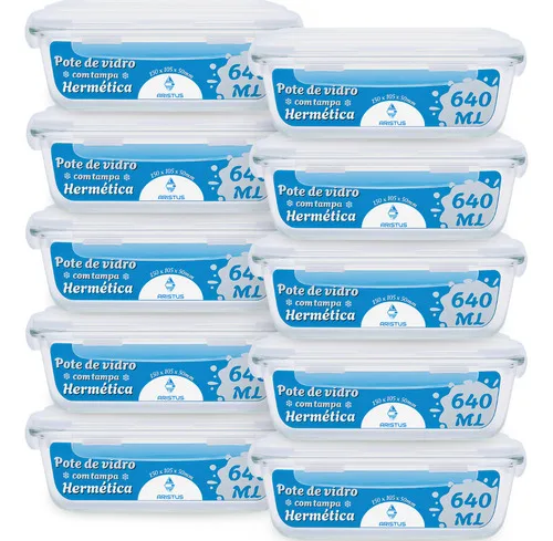 Kit 10 Potes Herméticos Vidro Aristus 640ml 4 Travas Cozinha Branco
