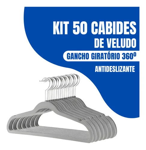 Kit 50 Cabides Adulto De Veludo Antideslizante Slim Com Gancho Giratório 360° Cor Cinza