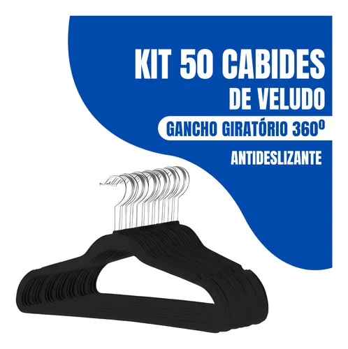 Kit 50 Cabides Adulto De Veludo Antideslizante Slim Com Gancho Giratório 360° Cor Preto