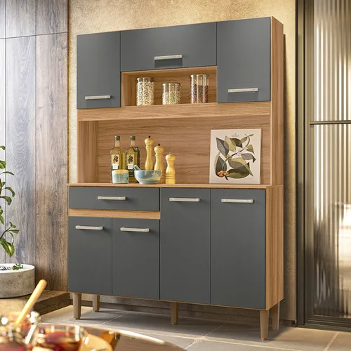 Armario Cozinha 7 Portas E 1 Gaveta Magazine 120 Cor Freijo/chumbo