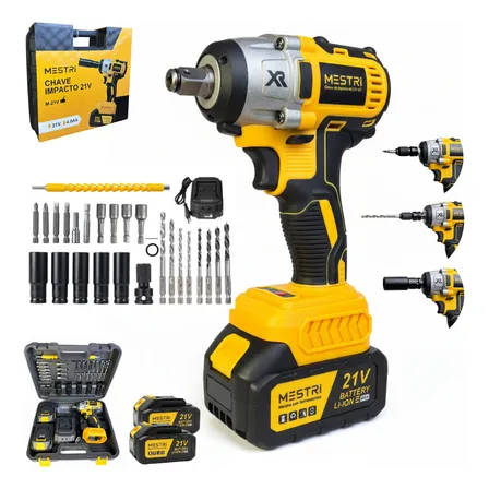 Chave De Impacto Sem Fio Parafusadeira Furadeira 2 Bateria Maleta Completa Ferramentas 450n.m Motor Brushless 450nm Profissional 2 Baterias Mestri M-21v Amarelo 127/220v