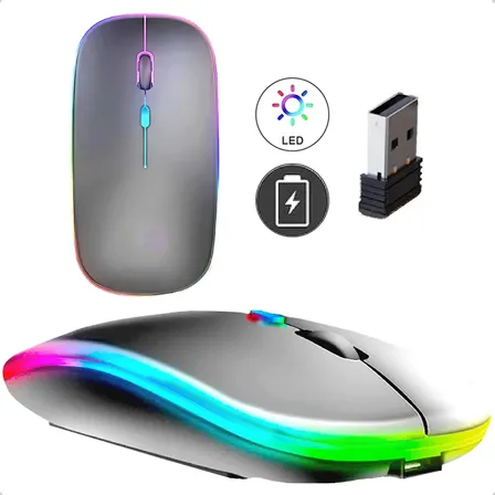Mouse Sem Fio Recarregável Wireless Optico Led Rgb Ergonômico Sem Fio Para Pc Desktop Notebook Tablet Smartphone Homeroarte Cinza