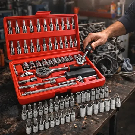 Kit Jogo De Ferramentas Marca Quicko Profissional 46 Peças Chave Fenda Philips Soquete 1/4 Em Aço Crv Resistente Completo Para Manutenção Carro Moto Casa Vermelho