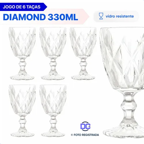 Jogo 6 Taças Vidro 330ml Diamante Copo Moderno Luxo Diamond Transparente Lapidado Marca: Dc
