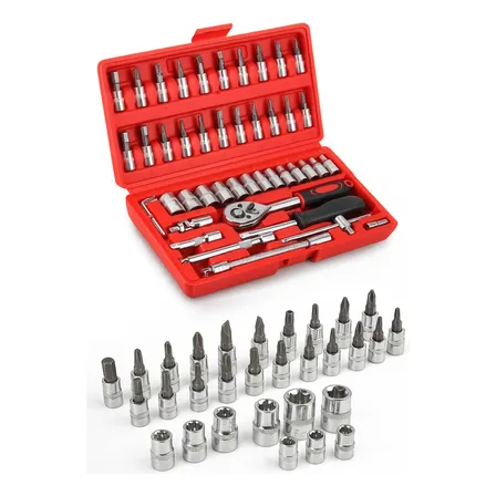 Jogo De Ferramentas Kit Multiuso Soquete 1/4 46 Peças Profissional Com Maleta Completa Aço Cromado Chaves Bits Catraca... Vermelho