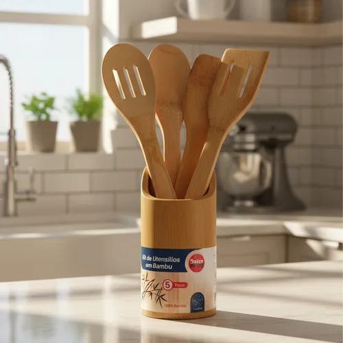 Kit De Utensílios Bambu 5 Peças Pau Colher Garfo Espátulas Bambu