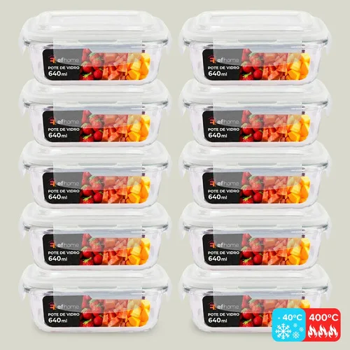 Conjunto 10 Potes 640ml Vidro Hermético 4 Travas Marmita Sortida