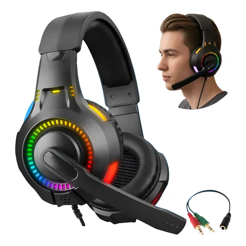Headset Gamer Fone De Ouvido Microfone Rgb Led Pc Videogame Preto