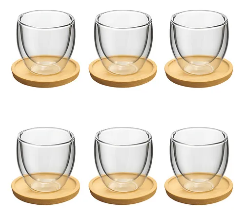 Xícara Café Nespresso Borossilicato Com Pires Bambu 6 Pçs Vidro