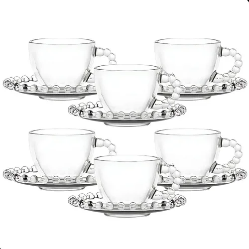 Jogo De Xícaras E Pires Em Vidro 12 Peças Chá Bolinha Pearl
